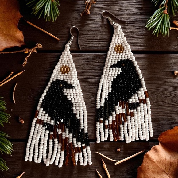 Handcrafted Raven Beaded Earrings Fringe Boho Witchy - Picture 10 of 16